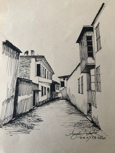 a pencil drawing of an alley way with buildings