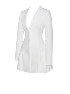 Elevate your style with our chic white blazer dress, meticulously crafted with luxurious lining for a flawless fit and feel. This sophisticated piece features fabric-covered buttons that add a touch of elegance to the ensemble. The pleated bottom adds a feminine flair, creating movement and grace with every step. Perfect for any occasion, from cocktail parties to business meetings, whether you're dressing it up with heels or keeping it casual with flats, this white blazer dress is sure to make a statement wherever you go. Materials: Woven Stretch Crepe Length from high point shoulder: Approx 32.6 inch / 83 cm Stretch Factor: Low Stretch Clean: Dry-clean only Model Is Wearing A Size XS (US-2) Model Is 5'11'' Color may vary due to lighting on images. The product images (without model) are th Two Piece Suits For Women, Black And White Graduation Outfit, Bridal Stylist Work Outfit, Blazer Dress Wedding, White Suits For Women, Statement Clothing Pieces, Grad Fits, White Business Dress, White Blazer Dress