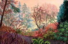 a painting of a forest with trees and bushes in the foreground, an animal standing at the far end of the frame