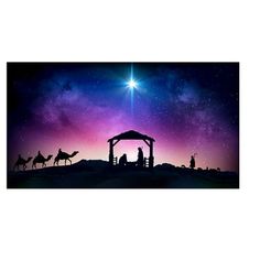 the birth of jesus in silhouette with three wise men