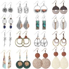 PRICES MAY VARY. 16 Pairs in 1 Pack: Enjoy a diverse collection of 16 pairs of unique vintage earrings, each designed to complement your outfits, from casual wear to elegant dresses, these dangle earrings offer sufficient styling options for daily wear or any special occasion. Boho Earrings for Women: These earrings showcase a classic design with distinctive shapes, featuring round skeletons, waterdrop skeletons, sunflowers, and geometric pendants. They beautifully enhance your individual style Essential Accessories, Sunflower Earrings, Hook Design, Boho Leather, Geometric Pendant, Bohemian Earrings, Earrings Statement, Leather Earrings, Boho Earrings