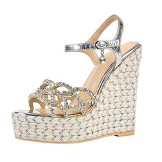 Shop Rhinestone Hollow out Platform Wedge Sandals Bohemia Ankle Strap Sandal color Beige for Anniversary, Beach, Honeymoon, Travel with worldwide Free shipping & Free return.