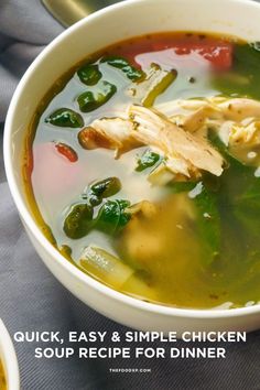 a bowl of soup with chicken and green beans