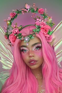 Pink Flower Crown, Fairy Cosplay, Floral Halo, Pink Fairy, Fairy Makeup, Flower Headpiece, Spring Makeup