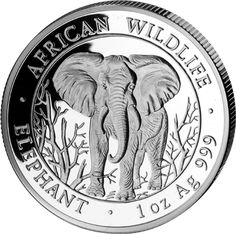 an african wild life silver coin with the image of an elephant on it's face