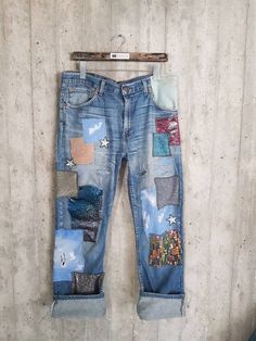 Reworked Jeans, Redone Jeans, Vintage Boyfriend Jeans, Patched Denim Jeans, Funky Pants, Hipster Jeans, Reworked Clothing, Mending Clothes, Grunge Jeans