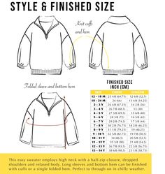 the front and back view of an unisex sweater with measurements for each item