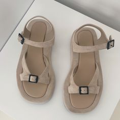 -suede leather Trendy Closed Toe Sandals With Thick Bottom, Wedge Sandals With Thick Bottom And Round Toe, Thick Bottom Round Toe Sandals, Trendy Sandals With Thick Bottom And Round Toe, Trendy Thick Bottom Sandals With Round Toe, Beige Ankle Strap Sandals With Chunky Platform, Casual T-strap Sandals With Platform And Round Toe, Casual Chunky Platform Sandals With Closed Toe, Beige Chunky Platform Open Toe Sandals