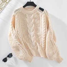 Women's Solid Color O-Neck Twist Knitted Sweater 2024 Apricot Sweater, Kimono Outerwear, Cutout Top, Romper Outfit, Women Sleeve, Bra And Panty Sets, Casual Fit, Knitted Sweater, Casual Fits