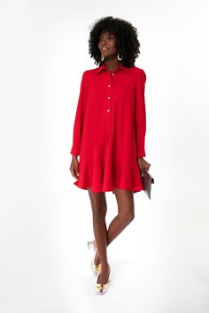 A sophisticated update to the closet staple shirt dress we love, the Crepe Callahan perfectly merges classic and trendy. This mini seamlessly combines functional details like invisible side pockets and a button front half placket with a flirty flutter hemline to create a style that encapsulates unfussy femininity. We are pairing this tailored piece with flats or sneakers for a casual look and switching to heels when the occasion calls for it. Classic collar Long sleeves with button cuffs Button Tuckernuck Dress, Red Shirt Dress, Red Shirt, Drop Waist, The Closet, Chambray, Casual Look, A Style, A Button