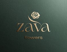 the logo for a flower shop called zava flowers is gold and green with a rose on it