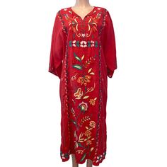 Silky Material Embroidered Stitching Collar Neckline Long Sleeve Button Closure Front Flower Pattern Embroidery Material, Self: 100% Cupra Rayon Material, Trims: 100% Polyester Style Number: J31424-3 Length: 49 Bust: 48 Waist: 46 Hips: 50 Sleeve: 18 Split: 17 Size: Womens S Condition: New With Tags Flower Pattern Embroidery, Linen Kaftan Dress, Linen Kaftan, Embroidery Materials, Pattern Embroidery, Kaftan Dress, Johnny Was, Dress Red, Flower Pattern