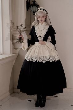 ❤��︎ [Reservation item] Dark Gothic Girl School Dress Set❤︎ ⚠This item will take about 45 days until shipping. Gothic Nun, Bone Embroidery, Punk Vintage, Kawaii Dress, Aesthetic Things, School Dresses, Black And Beige, Pretty Clothes, Gothic Girls