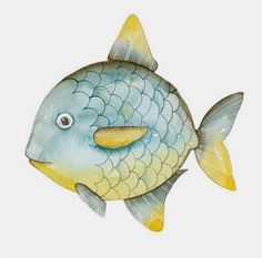 a watercolor drawing of a blue fish with yellow fins and large, round eyes