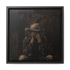 a painting of a man sitting down with his hands on his face