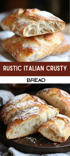 some bread is sitting on top of a plate and the words rustic italian crusty bread are