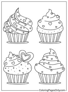 four cupcakes with hearts on the top and one in the middle coloring page