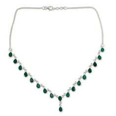 Elegance and mysticism shine through the feminine design of this necklace from India's Bhavesh. The Y-necklace is handcrafted of sterling silver and heat treated green onyx. .925 Sterling silver Emerald Teardrop Gemstone Necklace, Silver Emerald Gemstone Necklace, Green Drop Necklaces In Fine Jewelry Style, Silver Drop Necklace With Spiritual Style, Silver Drop Spiritual Necklace, Silver Emerald Teardrop Necklace, Silver Teardrop Emerald Necklace For May Birthstone, Spiritual Silver Drop Necklace, Sterling Silver Drop Jewelry For May Birthstone