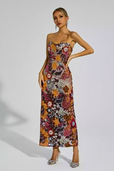 Elevate your style with the Leanna Red Flower Embroidered Maxi Dress. This stunning dress features a figure-hugging silhouette and exquisite flower embroidery. Designed in a mesmerizing shade of blue, it exudes sensuality and sophistication. With its floor-length design and sleeveless cut, it is perfect for any formal occasion. Make a statement and feel luxurious in this gorgeous attire.  Dress Length: Approx 128cm Materials: Polyester Gentle Dry Clean Only  The model is 5 ft 7 and wears size S Svecane Haljine, Floral Wedding Guest Dress, Glitter Wedding Dress, Hugging Silhouette, Bandage Midi Dress, Guest Attire, Wedding Attire Guest, Embroidered Maxi Dress, Floral Shirt Dress