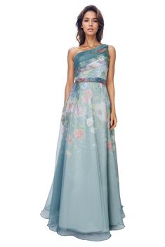 One Shoulder A-line Organza Gown A-line Organza Evening Gown, Spring Floor-length Organza Evening Dress, Luxury Multicolor Organza Gown, Multicolor Organza Floor-length Dress, Floral Applique Floor-length Organza Gown, Organza Gown, Printed Organza, Draped Bodice, Organza Gowns