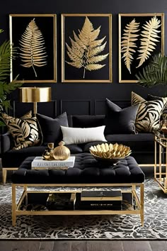 a living room filled with black furniture and gold accents