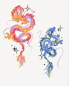 two watercolor dragon designs on white paper with stars in the background and one is blue