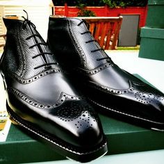 Budapest Black Calf upper Black Scotchgrain Oxford Ankle High Lace up Boot sold by Crafted Leather on Storenvy Quality Leather Boots, Custom Design Shoes, Oxford Boots, Bespoke Shoes, Online Shopping Shoes, High Ankle Boots, Handmade Leather Shoes, Best Shoes For Men, Soft Shoes