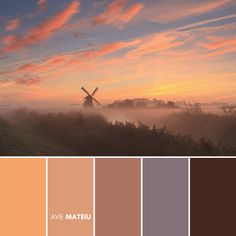 an image of a windmill in the fog at sunset or dawn with color swatches