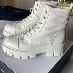 Nine West Combat Boots! Color Ivory! Size 8m . Brand New, White High-top Boots With Padded Ankle, White Boots With Padded Ankle And Round Toe, Beige High-top Lace-up Boots For Spring, Cream Lace-up Boots With Round Toe For Spring, Beige Platform Lace-up Boots For Spring, White Ankle-high Boots With Cushioned Footbed, White Synthetic Boots With Almond Toe, Trendy Ankle-high Cream Boots, White Synthetic Lace-up Boots With Round Toe