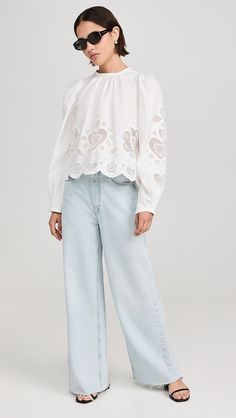 Sea Jeanetta Eyelet Long Sleeve Top | Shopbop Sea Clothes, White Brand, Long Puff Sleeves, India Fashion, Scalloped Hem, Puff Sleeves, Long Sleeve Top, Round Neckline, Fashion Inspiration