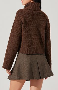 Chunky intricate stitching adds extra cozy points to a wool-kissed sweater knit to a cute, cropped length. 20" length (size Medium) Turtleneck Long sleeves Ribbed cuffs and hem 94% polyester, 6% wool Dry clean Imported Cropped Knit Sweater Outfit, Crop Turtleneck Sweater, Crop Turtleneck, Cute Hiking Outfit, Knit Sweater Outfit, Cropped Knit Sweater, Camel Sweaters, Astr The Label, Cable Sweater