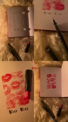 four different pictures of lipstick and paper with writing on them, including kiss kiss lips