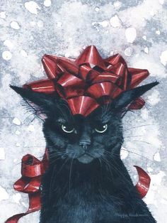 a painting of a black cat wearing a red bow on top of it's head