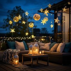 an outdoor patio decorated with christmas lights and lanterns