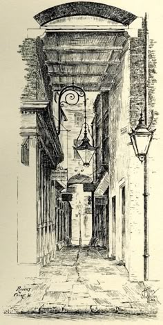 a drawing of an alleyway with street lamps and lanterns hanging from the ceiling in black ink