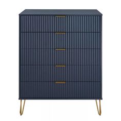 a blue chest of drawers with gold handles