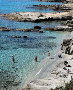 people are walking along the beach with their dogs in the clear blue water and rocks