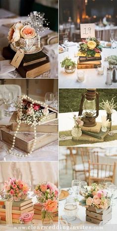 wedding decorations and books are arranged on the table