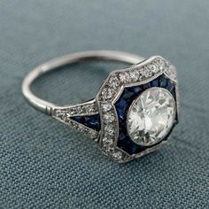 Estate Diamond and Sapphire Engagement Ring - 1.67ct Engagement Ring - Estate Engagement Ring Collection Sapphire Art Deco Ring, Estate Engagement Ring, Bijoux Art Deco, Estate Diamond Jewelry, Engagement Ring Diamond Cut, Gemstone Engagement, Sapphire Engagement Ring, Deco Engagement Ring, Deco Ring