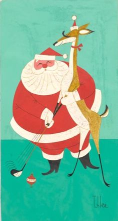 a painting of santa claus with a deer and golf club in his hand, on a green background