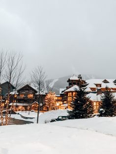 a ski lodge with lights on in the snow