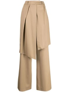 beige wool belt loops two diagonal pockets to the sides straight leg panelled design layered design