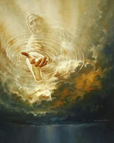 a painting of a person floating in the water with their arms spread out and feet up