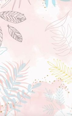 a pink and blue wallpaper with lots of different colored leaves on the bottom half of it