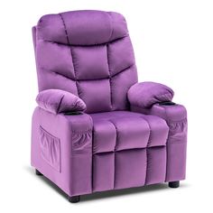 a purple recliner chair with pillows on it's back and arms, facing the camera