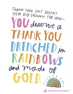 a card with the words thank you and rainbows