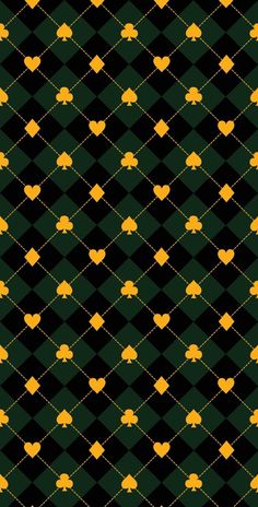 a black and yellow checkered pattern with hearts in the middle, on a dark green background