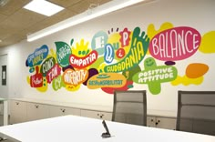 an office with a large colorful mural on the wall