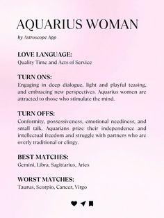 an ad for aquarius woman with the words love language