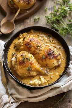 a skillet filled with chicken and grits covered in gravy next to a wooden spoon